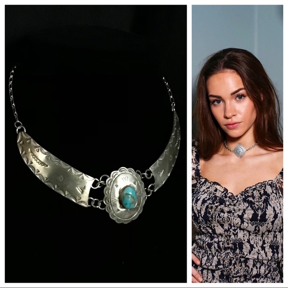 Vintage sterling silver Turquoise Concho Necklace - Picture 2 of 14